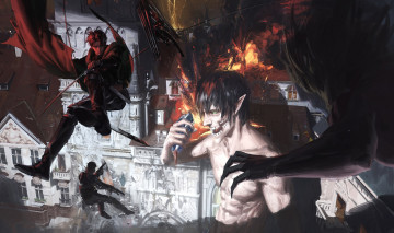 Картинка аниме shingeki+no+kyojin титаны бой город