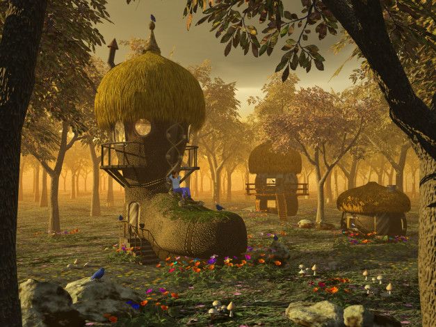 Обои картинки фото 3д, графика, fantasy, фантазия, трава, птицы, деревья, грибы
