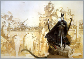 Картинка chris achilleos elric фэнтези драконы мост замок элрик воин рыцарь дракон война армия