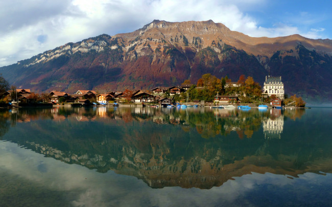 Обои картинки фото швейцария, берн, изельтвальд, города, пейзажи, озеро, дома, горы