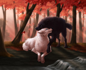 Картинка рисованные животные волки лес