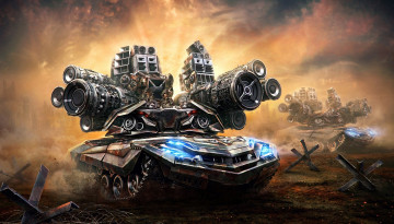 Картинка фэнтези роботы киборги механизмы пушки оружие танк солдаты