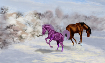 Картинка рисованные животные лошади деревья снег