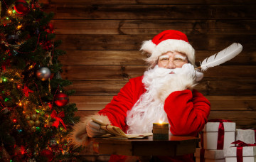Картинка праздничные дед мороз санта елка подарки письма перо