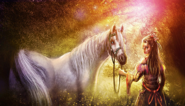 Обои картинки фото рисованные, живопись, свет, конь, девушка, zahid, raza, khan, лес, лошадь