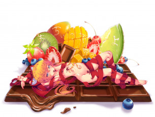 Картинка аниме *unknown+ другое черника манго белый фон еда фрукты шоколад клубника ананас ягоды киви ленты вишня связана взгляд девушка