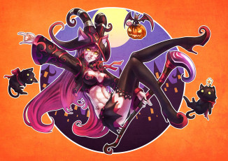 Картинка аниме -halloween+&+magic ведьма посох ушки хэллоуин кот котики девушка тыква