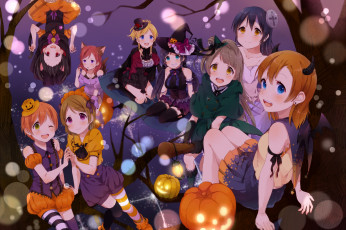 обоя аниме, -halloween & magic, девушки, праздник, арт, костюмы, деревья, тыквы