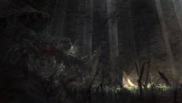 Картинка аниме *unknown+ другое блондинка девушка мрачно растения деревья стволы лес арт