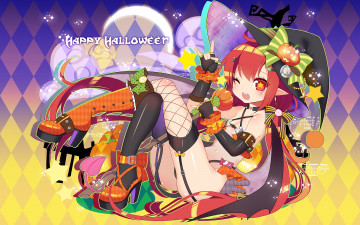 Картинка аниме -halloween+&+magic ромбы микрофон шляпа улыбка сапоги чулки девушка