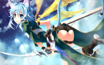 обоя аниме, sword art online, лук, небо, взгляд, девушка, хвост, крылья, оружие, арт, sword, art, online, ушки, голубые, волосы