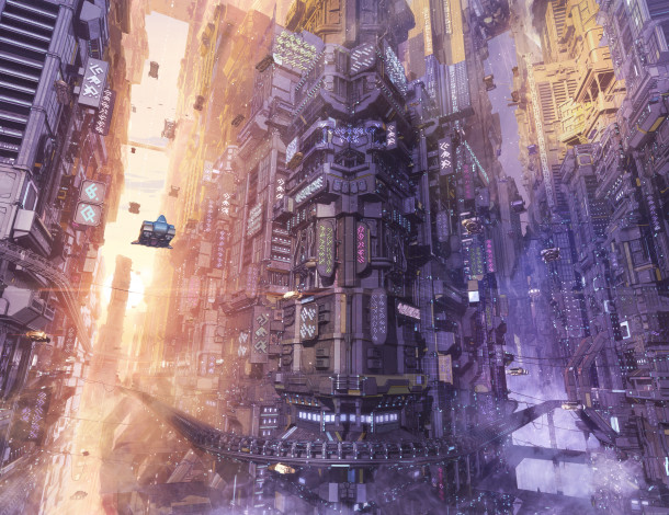Обои картинки фото аниме, -weapon,  blood & technology, arsenixc, город, фантастика, здания, летающий, транспорт