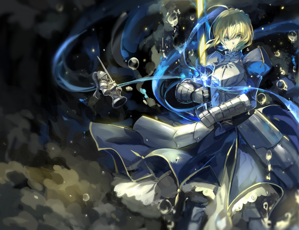 Обои картинки фото аниме, fate, zero, saberiii, арт, блондинка, пузырьки, меч, saber, оружие, доспехи, девушка