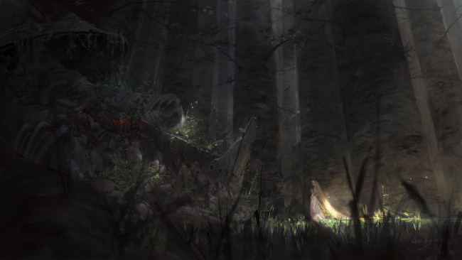 Обои картинки фото аниме, *unknown , другое, блондинка, девушка, мрачно, растения, деревья, стволы, лес, арт