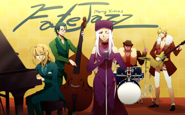 Обои картинки фото аниме, fate, zero, новый, год, жёлтый, фон, девушка, парни, музыка, группа, арт