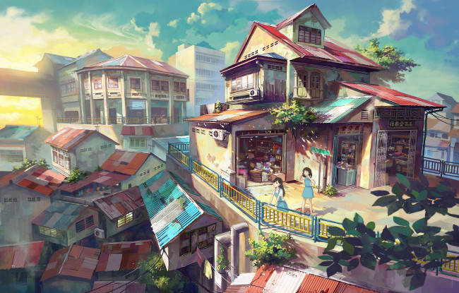 Обои картинки фото аниме, *unknown , другое, облака, дома, небо, город, арт, chong, feigiap, девушки, балкон, крыши