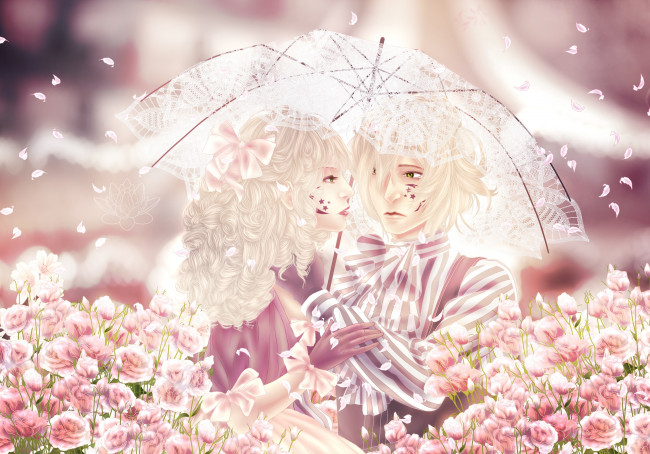 Обои картинки фото аниме, *unknown , другое, yaroslavapanina, арт, бант, лепестки, цветы, зонт, парень, девушка