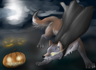 Картинка рисованное животные +лисы тыква фон взгляд волк