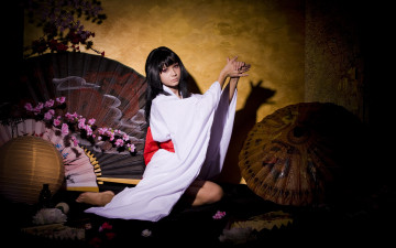 Картинка девушки -unsort+ азиатки тень цветы зонт веер кимоно
