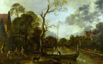 Картинка рисованное живопись дерево вечерний вид на реку рядом с деревней арт ван дер нер картина aert van der neer пейзаж