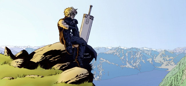 Обои картинки фото аниме, final fantasy, cloud, воин, оружие, меч, горы