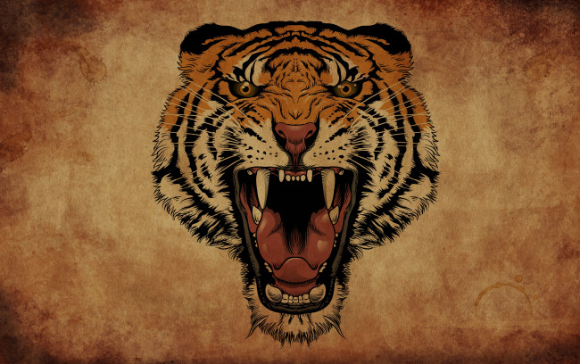 Обои картинки фото рисованное, животные,  тигры, пасть, тигр, рык, клыки, фон