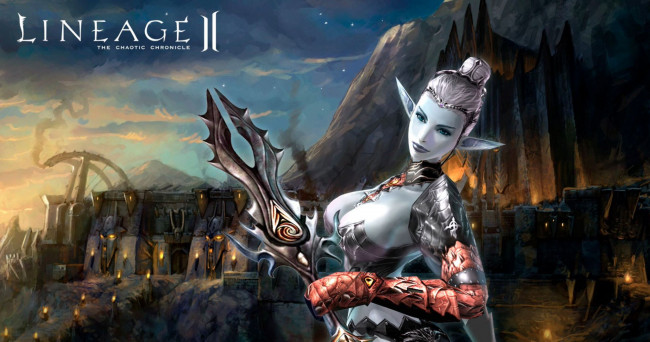 Обои картинки фото видео игры, lineage ii,  the chaotic chronicle, эльфийка, оружие, скалы, крепость