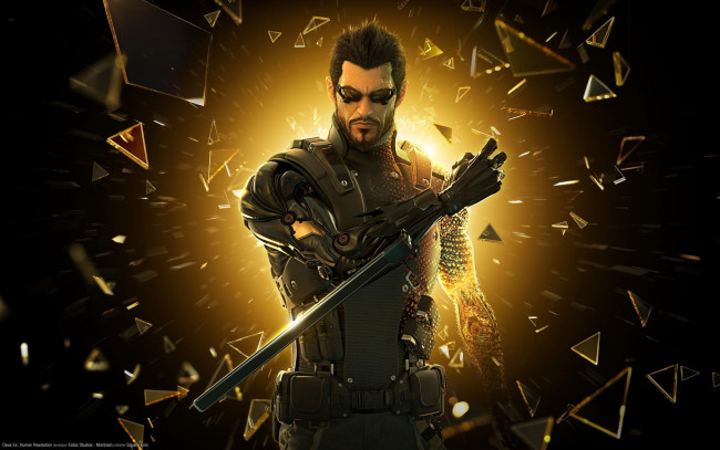 Обои картинки фото видео игры, deus ex,  human revolution, мужчина, очки, оружие, осколки
