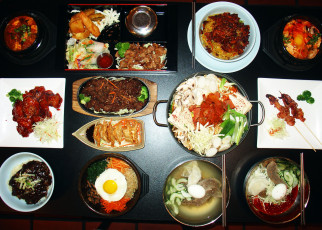 Картинка еда разное корейская кухня рис мясо овощи