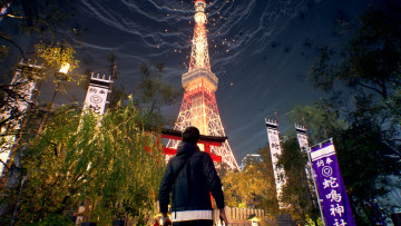 Картинка видео+игры ghostwire +tokyo парень город вышка
