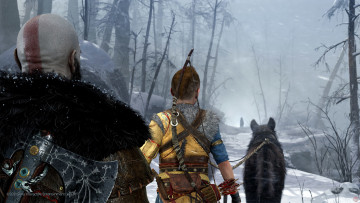 обоя видео игры, god of war,  ragnarok, воины, волк, снег, зима