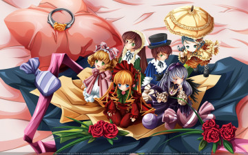 обоя аниме, rozen, maiden, девушки, зонтик, цветы