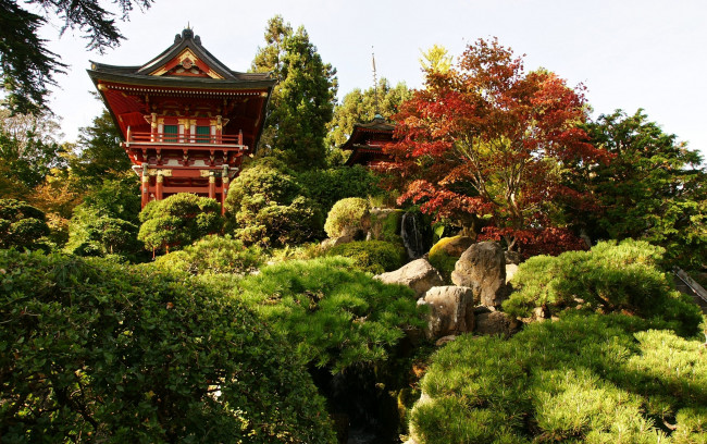 Обои картинки фото природа, парк, пагода, деревья, зелень
