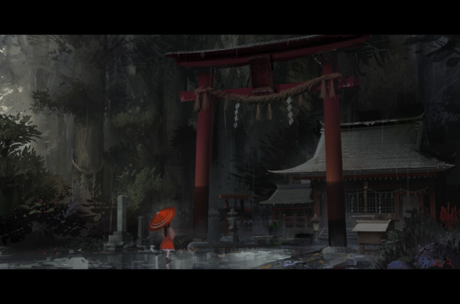 Обои картинки фото аниме, touhou, лес, зонт, храм, девушка