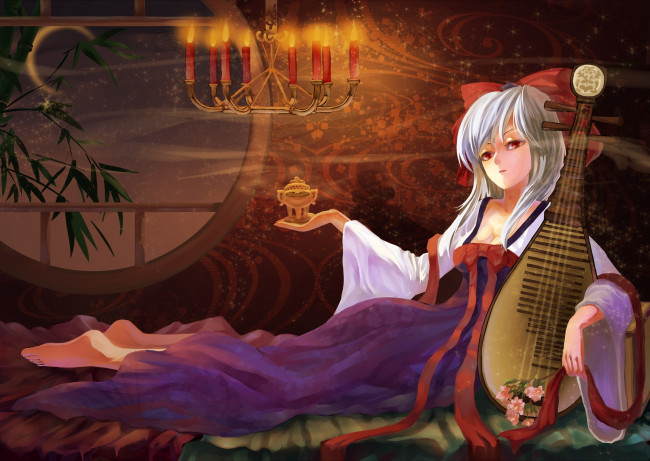 Обои картинки фото аниме, touhou, лютня, музыкальный, инструмент, свечи, kamishirasawa, keine, девушка