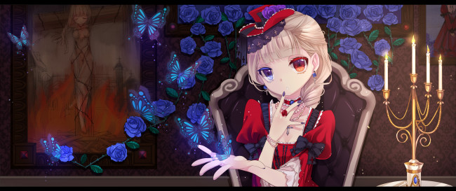 Обои картинки фото аниме, *unknown, другое, девушка, розы, бабочки, свечи, платье, глаза, комната, картина