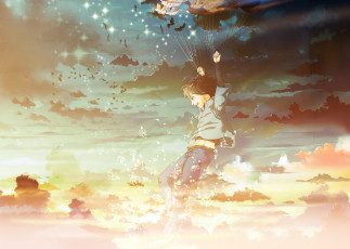 Картинка аниме unknown +другое нити облака закат небо полет радость птицы парень fusui арт