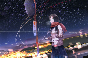 Картинка аниме зима +новый+год +рождество djyui огни здания снег ночь небо зеркало перчатки город улицы шарф девушка