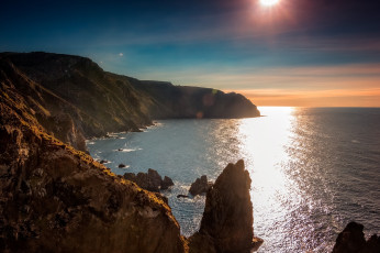 Картинка природа восходы закаты блики скалы вода восход побережье море