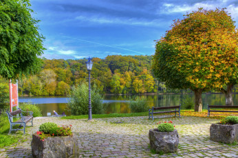 Картинка ульмень+германия природа парк ульмень германия река скамейка деревья