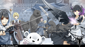 Картинка аниме pixiv+fantasia зима парни снег снегопад оружие флаги животные медведи девушки снежинки арт cross akiha fantasia pixiv
