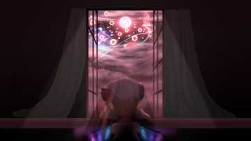 Картинка аниме touhou flandre scarlet окно ночь свет лучи мистика занавески тюль мрак глаза