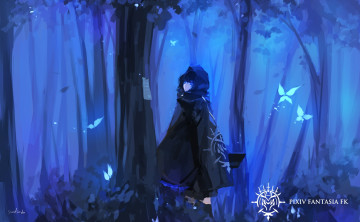 Картинка аниме pixiv+fantasia pffk paradise fantasia pixiv брюнетка девушка сумерки туман бабочки деревья лес арт swd3e2
