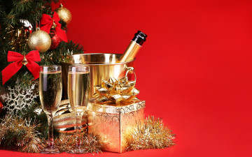 обоя праздничные, угощения, новый, год, бокалы, подарок, елка, шампанское, украшения