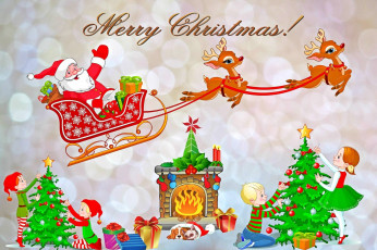 обоя праздничные, векторная графика , новый год, елки, камин, дети, санта, клаус, олени, животные, подарки