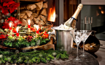 обоя праздничные, сервировка, шампанское, бокалы, рождественский, венок