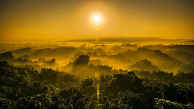 Обои картинки фото природа, восходы, закаты, лес, холмы, солнце, небо, туман