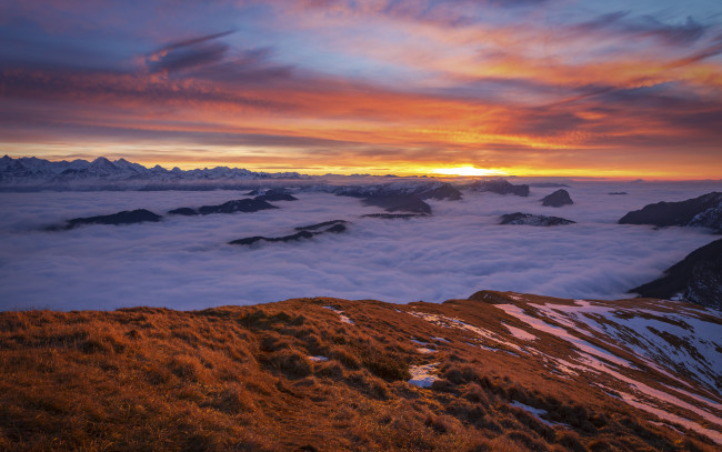 Обои картинки фото природа, восходы, закаты, горы, туман, закат