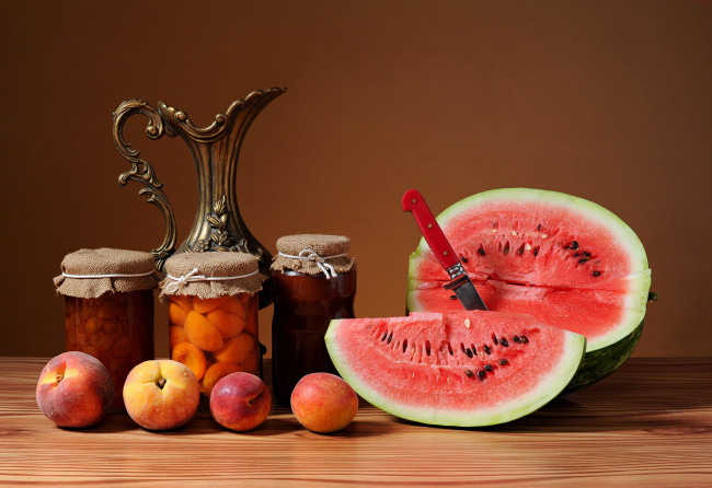 Обои картинки фото еда, разное, арбуз, персики, варенье