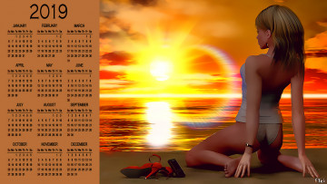 Картинка календари 3д-графика закат водоем девушка